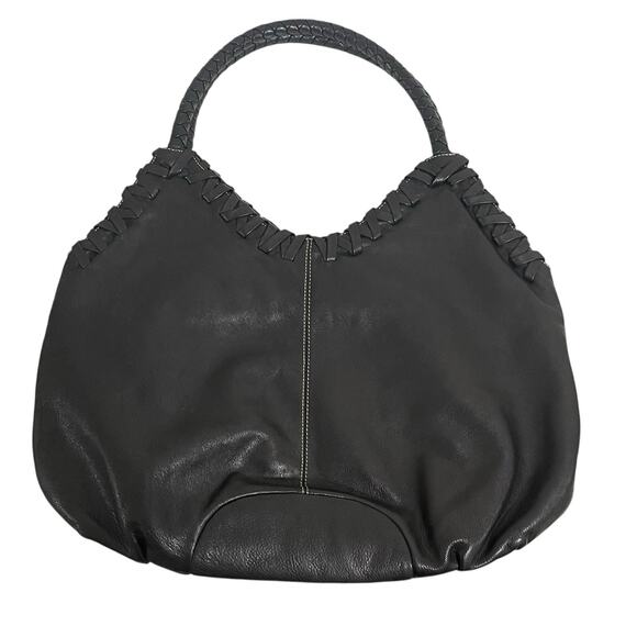 Donald J Pliner Braided Woven Trim Hobo Bag Black Leather Large Boho Flaws - Picture 5 of 16